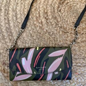kate spade Olive Green Floral-Print Crossbody Wallet with Pink Accents